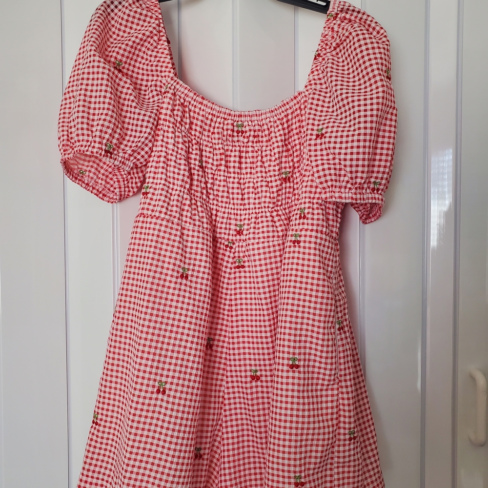 ARULA Red Gingham Dress with Floral Accents